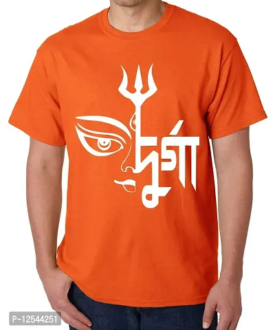 Caseria Men's Round Neck Cotton Half Sleeved T-Shirt with Printed Graphics - Durga Puja (Orange, XL)