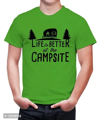 Caseria Men's Round Neck Cotton Half Sleeved T-Shirt with Printed Graphics - Better at The Campsite (Parrot Green, XL)-thumb0