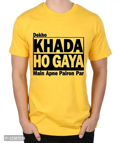 Caseria Men's Round Neck Cotton Half Sleeved T-Shirt with Printed Graphics - Dekho Khada Ho Gaya (Yellow, SM)-thumb0