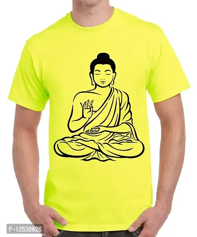 Caseria Men's Round Neck Cotton Half Sleeved T-Shirt with Printed Graphics - Buddha (Lemon Yellow, XL)