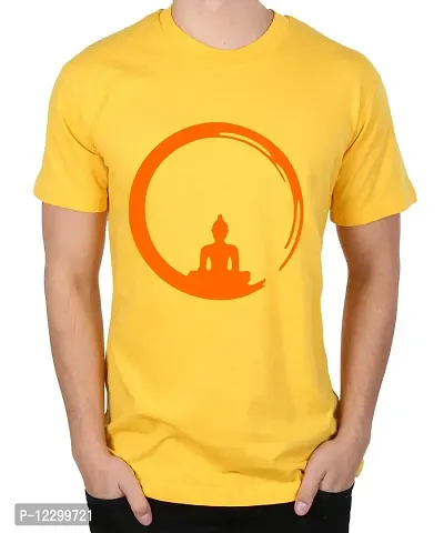 Caseria Men's Round Neck Cotton Half Sleeved T-Shirt with Printed Graphics - Cricle Buddha (Yellow, XL)