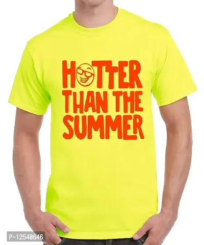 Caseria Men's Round Neck Cotton Half Sleeved T-Shirt with Printed Graphics - Hotter Than The Summer (Lemon Yellow, L)