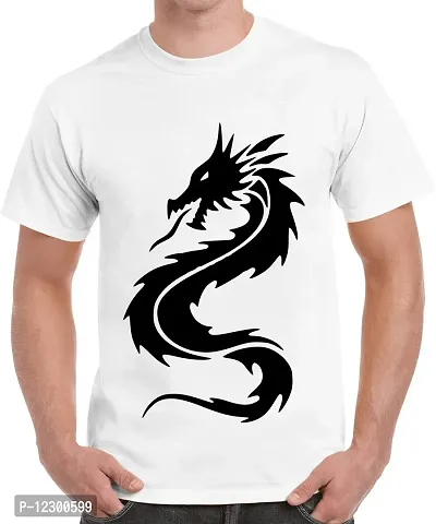 Caseria Men's Round Neck Cotton Half Sleeved T-Shirt with Printed Graphics - Chinese Dragon (White, XXL)-thumb0