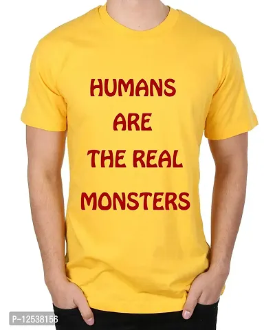 Caseria Men's Round Neck Cotton Half Sleeved T-Shirt with Printed Graphics - Real Monsters (Yellow, XXL)-thumb0