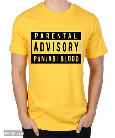 Caseria Men's Round Neck Cotton Half Sleeved T-Shirt with Printed Graphics - Advisory Punjabi Blood (Yellow, XL)-thumb0