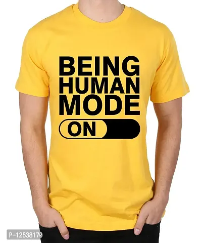 Caseria Men's Round Neck Cotton Half Sleeved T-Shirt with Printed Graphics - Being Human Mode On (Yellow, SM)-thumb0