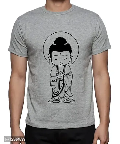 Caseria Men's Round Neck Cotton Half Sleeved T-Shirt with Printed Graphics - Kid Buddha (Grey, SM)