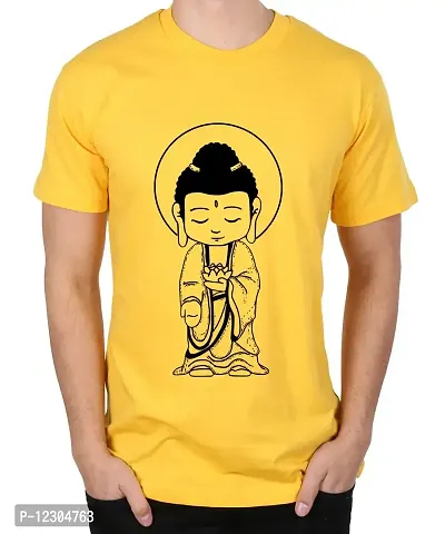 Caseria Men's Round Neck Cotton Half Sleeved T-Shirt with Printed Graphics - Kid Buddha (Yellow, L)