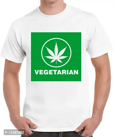 Caseria Men's Round Neck Cotton Half Sleeved T-Shirt with Printed Graphics - Weed Vegetarian (White, MD)-thumb0