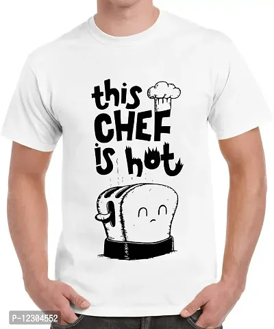 Caseria Men's Round Neck Cotton Half Sleeved T-Shirt with Printed Graphics - This Chef is Hot (White, XXL)-thumb0