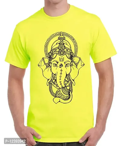 Caseria Men's Round Neck Cotton Half Sleeved T-Shirt with Printed Graphics - Shri Ganesh (Lemon Yellow, MD)