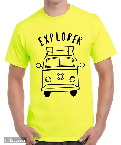 Caseria Men's Round Neck Cotton Half Sleeved T-Shirt with Printed Graphics - Explorer (Lemon Yellow, MD)