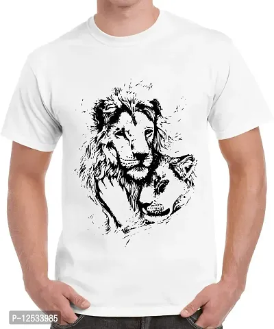 Caseria Men's Round Neck Cotton Half Sleeved T-Shirt with Printed Graphics - Lovers Lion Couple (White, XL)-thumb0