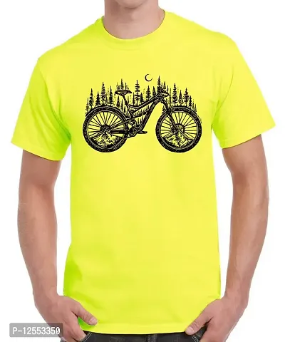 Caseria Men's Round Neck Cotton Half Sleeved T-Shirt with Printed Graphics - Cycle Forest (Lemon Yellow, XL)-thumb0