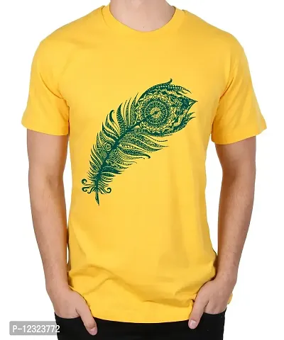 Caseria Men's Round Neck Cotton Half Sleeved T-Shirt with Printed Graphics - Peacock Feather (Yellow, XL)