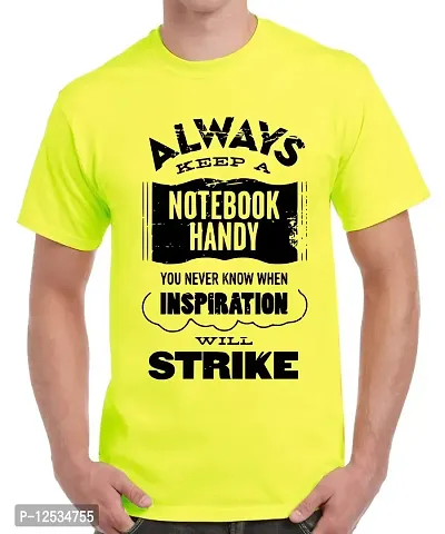 Caseria Men's Round Neck Cotton Half Sleeved T-Shirt with Printed Graphics - Always Keeps A Notebook (Lemon Yellow, MD)-thumb0