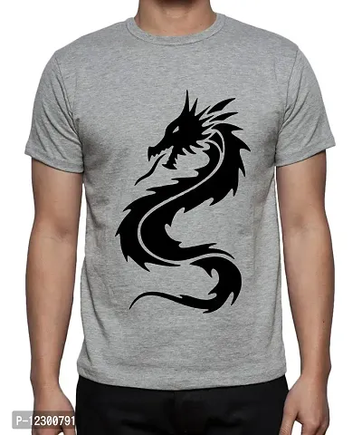 Caseria Men's Round Neck Cotton Half Sleeved T-Shirt with Printed Graphics - Chinese Dragon (Grey, SM)-thumb0