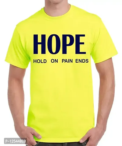 Caseria Men's Round Neck Cotton Half Sleeved T-Shirt with Printed Graphics - Hope Hold On (Lemon Yellow, L)