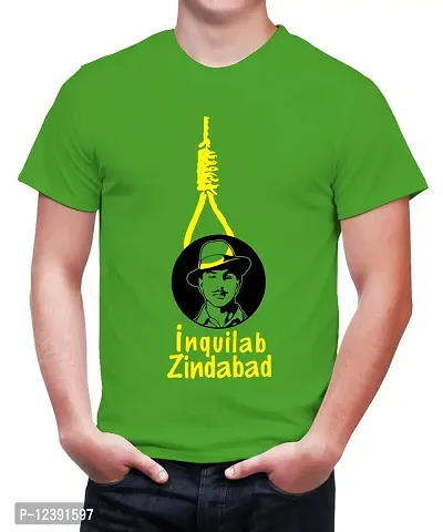 Caseria Men's Round Neck Cotton Half Sleeved T-Shirt with Printed Graphics - Bhagat Singh Slogan (Parrot Green, SM)