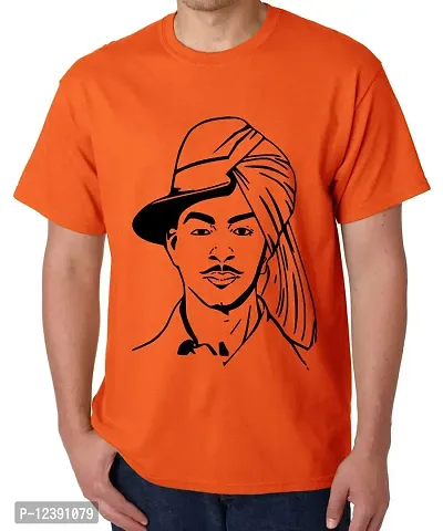 Caseria Men's Round Neck Cotton Half Sleeved T-Shirt with Printed Graphics - 2side Shaheed Bhagat Singh (Orange, L)