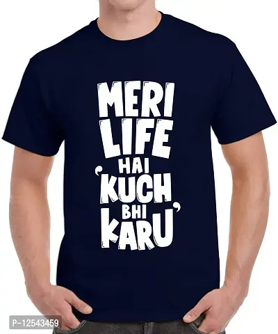 Caseria Men's Round Neck Cotton Half Sleeved T-Shirt with Printed Graphics - Kuch Bhi Karu (Navy Blue, XXL)