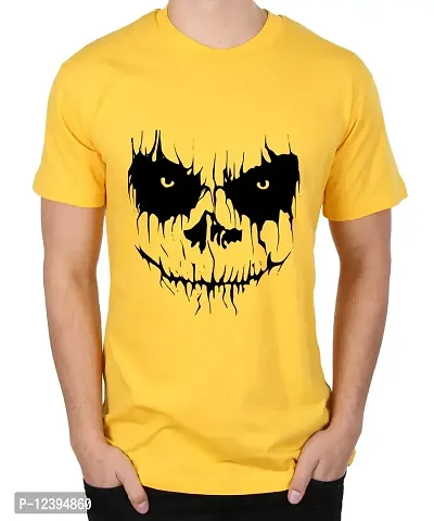 Caseria Men's Round Neck Cotton Half Sleeved T-Shirt with Printed Graphics - Halloween Emoji (Yellow, MD)-thumb0