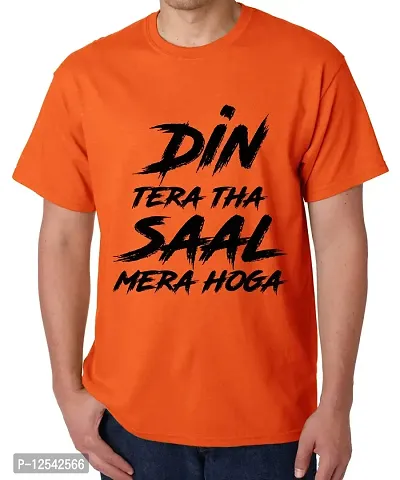 Caseria Men's Round Neck Cotton Half Sleeved T-Shirt with Printed Graphics - Din Saal Mera Hoga (Orange, XL)