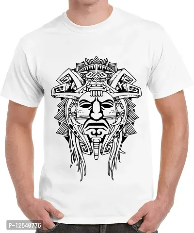 Caseria Men's Round Neck Cotton Half Sleeved T-Shirt with Printed Graphics - Aztec Warrior Mask (White, XXL)