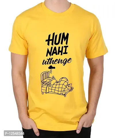 Caseria Men's Round Neck Cotton Half Sleeved T-Shirt with Printed Graphics - Uthenge Hum Nahi (Yellow, MD)-thumb0