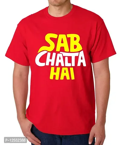 Caseria Men's Round Neck Cotton Half Sleeved T-Shirt with Printed Graphics - Sab Chalta Hai (Red, XXL)-thumb0