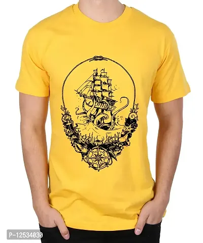 Caseria Men's Round Neck Cotton Half Sleeved T-Shirt with Printed Graphics - Ship Point (Yellow, XL)-thumb0