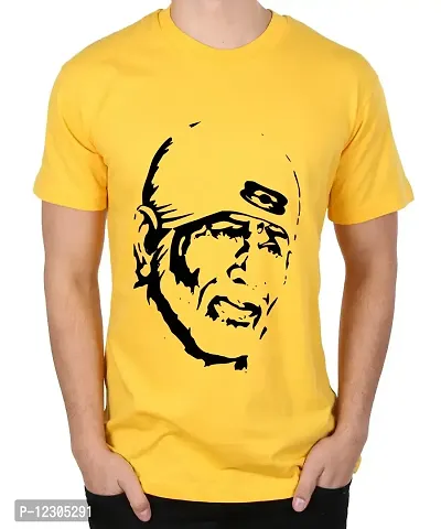 Caseria Men's Round Neck Cotton Half Sleeved T-Shirt with Printed Graphics - Sai Baba (Yellow, SM)