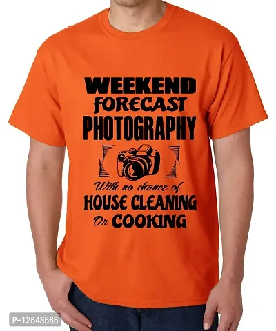 Caseria Men's Round Neck Cotton Half Sleeved T-Shirt with Printed Graphics - Weekend Forecast Photography (Orange, SM)