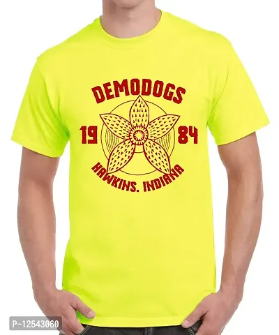 Caseria Men's Round Neck Cotton Half Sleeved T-Shirt with Printed Graphics - Demodogs Hawkins (Lemon Yellow, SM)-thumb0