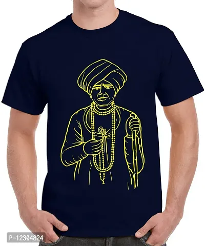 Caseria Men's Round Neck Cotton Half Sleeved T-Shirt with Printed Graphics - Jalaram Bapa (Navy Blue, L)-thumb0