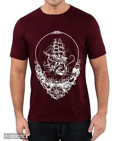 Caseria Men's Round Neck Cotton Half Sleeved T-Shirt with Printed Graphics - Ship Point (Maroon, SM)-thumb0