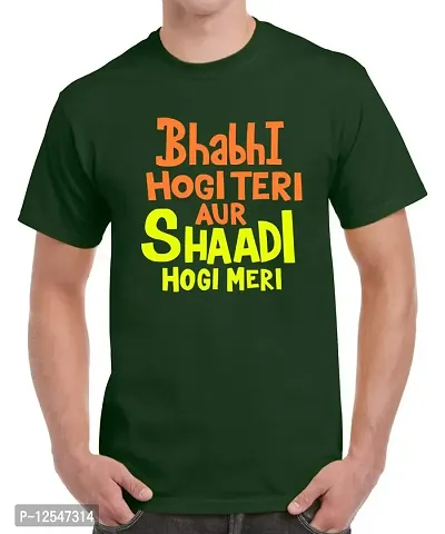 Caseria Men's Round Neck Cotton Half Sleeved T-Shirt with Printed Graphics - Bhabhi Shaadi (Bottel Green, MD)