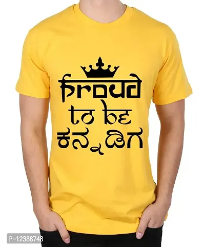 Caseria Men's Round Neck Cotton Half Sleeved T-Shirt with Printed Graphics - Proud to Be Kannada (Yellow, L)