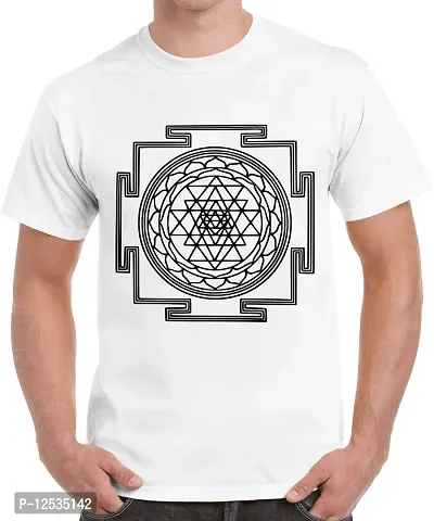 Caseria Men's Round Neck Cotton Half Sleeved T-Shirt with Printed Graphics - Sri Yantra (White, XXL)