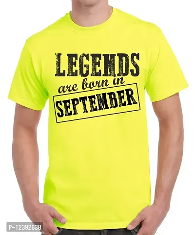 Caseria Men's Round Neck Cotton Half Sleeved T-Shirt with Printed Graphics - Legends are Born in September Pattern (Lemon Yellow, L)