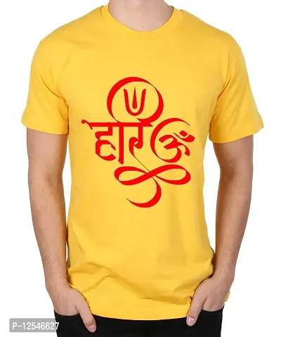 Caseria Men's Round Neck Cotton Half Sleeved T-Shirt with Printed Graphics - Hari Om (Yellow, XL)