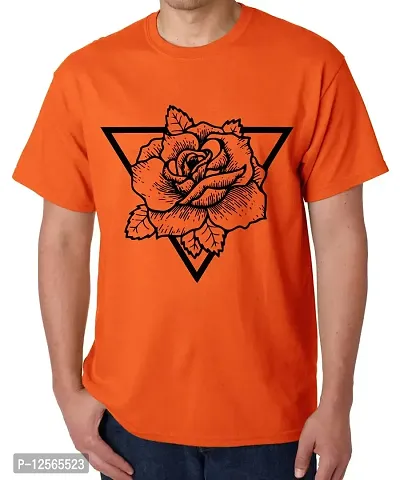 Caseria Men's Round Neck Cotton Half Sleeved T-Shirt with Printed Graphics - Rose Triangle (Orange, SM)