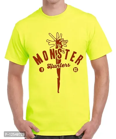 Caseria Men's Round Neck Cotton Half Sleeved T-Shirt with Printed Graphics - Monster Hunters (Lemon Yellow, XL)-thumb0