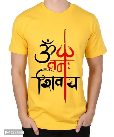 Caseria Men's Round Neck Cotton Half Sleeved T-Shirt with Printed Graphics - Namah Shivay Pattern (Yellow, L)-thumb0