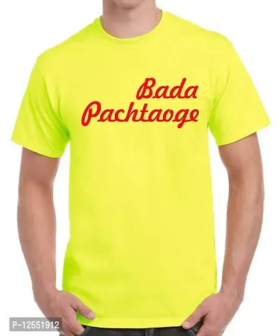 Caseria Men's Round Neck Cotton Half Sleeved T-Shirt with Printed Graphics - Bada Pachtaoge (Lemon Yellow, L)-thumb0