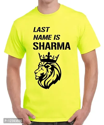 Caseria Men's Round Neck Cotton Half Sleeved T-Shirt with Printed Graphics - Last Name is Sharma (Lemon Yellow, MD)