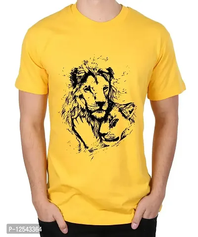 Caseria Men's Round Neck Cotton Half Sleeved T-Shirt with Printed Graphics - Lovers Lion Couple (Yellow, SM)