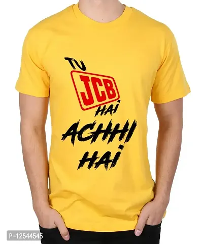 Caseria Men's Round Neck Cotton Half Sleeved T-Shirt with Printed Graphics - Achhi Hai (Lemon Yellow, XXL)