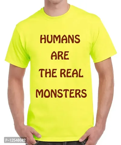 Caseria Men's Round Neck Cotton Half Sleeved T-Shirt with Printed Graphics - Real Monsters (Lemon Yellow, XL)-thumb0