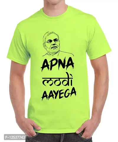 Caseria Men's Round Neck Cotton Half Sleeved T-Shirt with Printed Graphics - Apna Modi Ayega (Liril Green, L)-thumb0